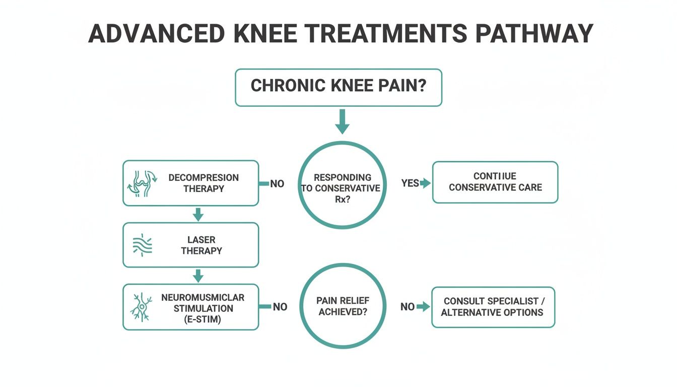 Flowchart detailing advanced knee pain treatments pathway, from conservative care to alternative therapies.