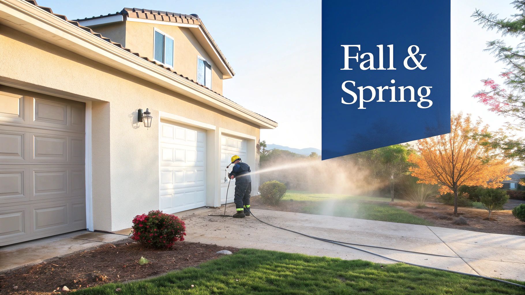 Person pressure washing the side of a modern-looking house
