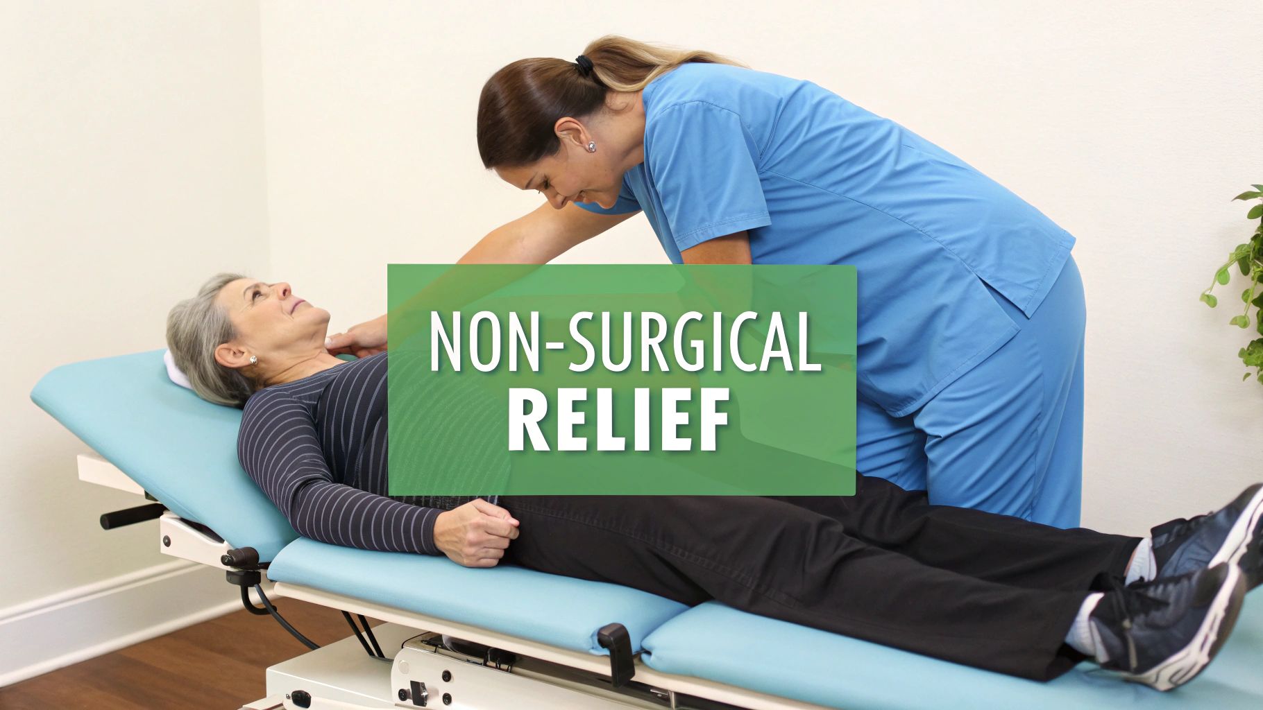 A therapist provides non-surgical relief to a woman's neck and shoulder on an examination table.