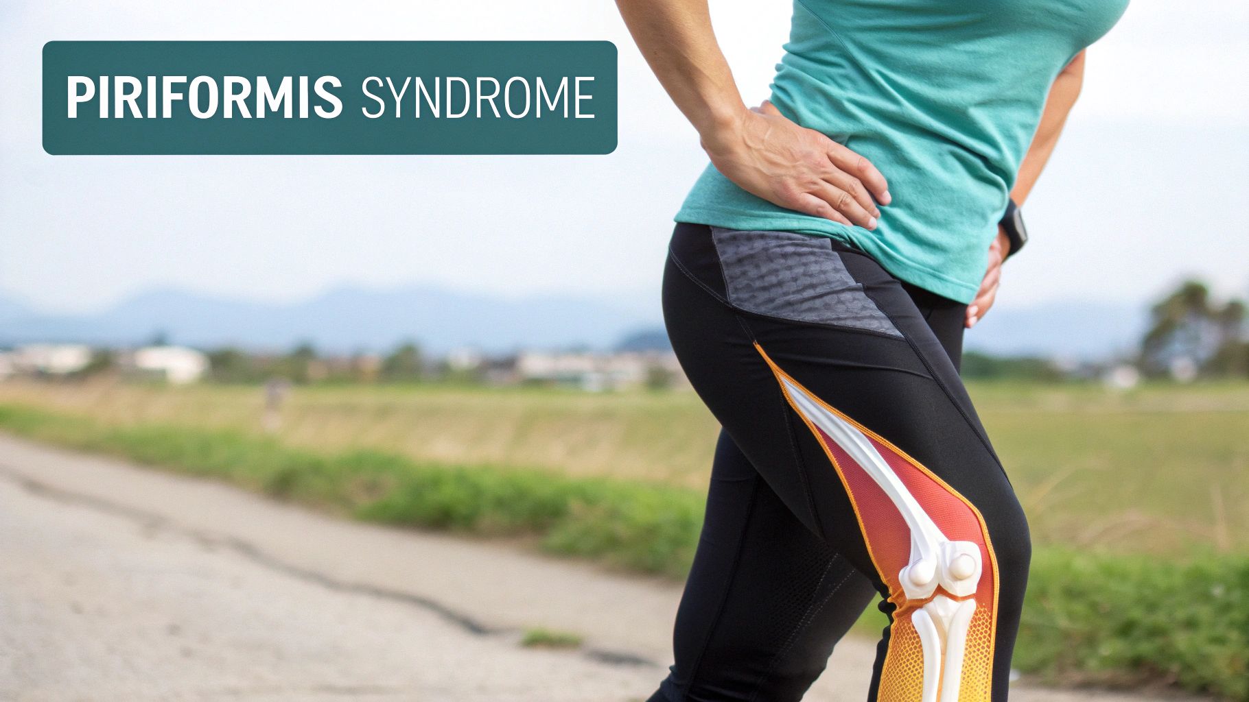 Woman with hip pain, illustrating piriformis syndrome and skeletal structure, highlighting sciatic nerve pain causes.