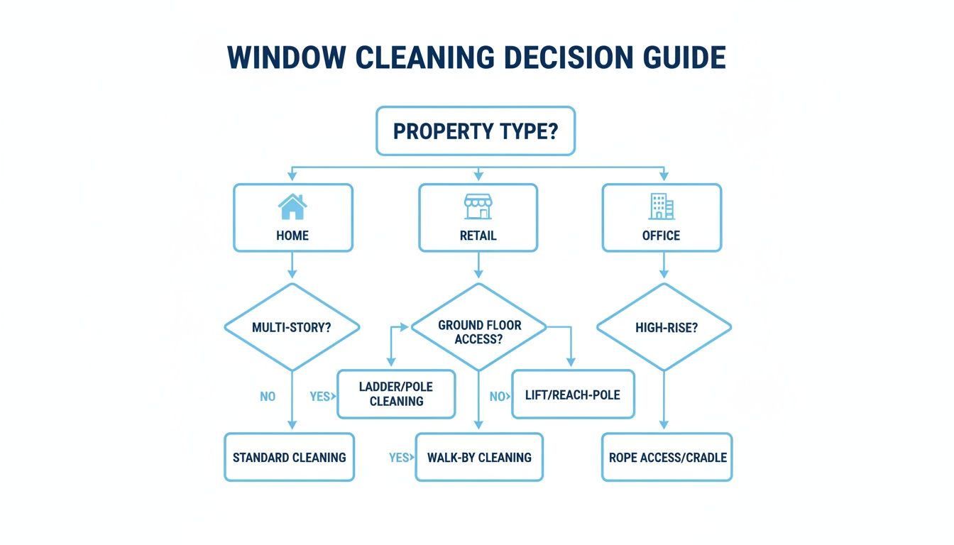 A window cleaning decision guide flowchart, categorizing methods by property type and access.