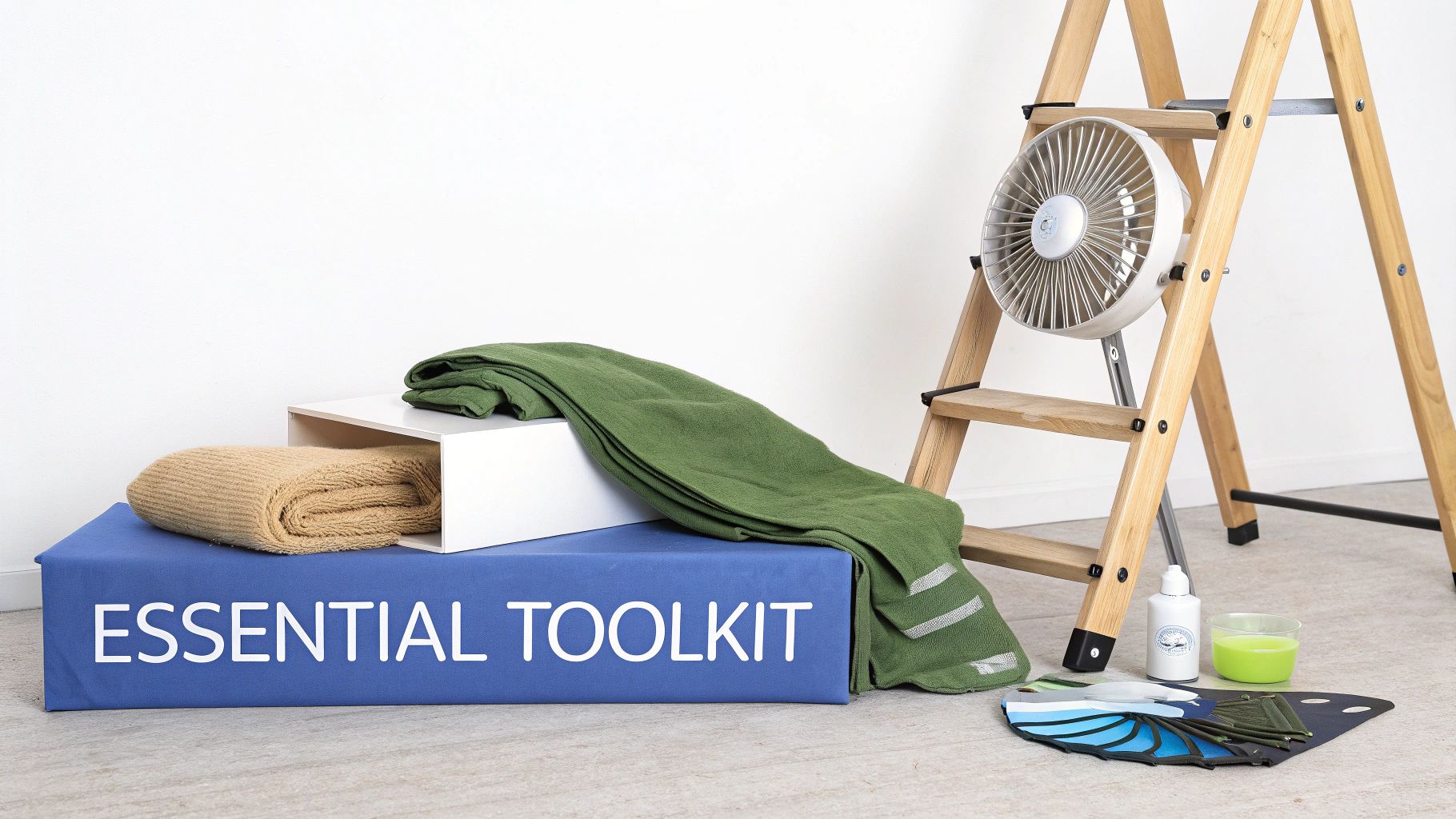 An 'Essential Toolkit' with cleaning supplies, a fan, fabrics, and a ladder on a clean floor, ready for home tasks.