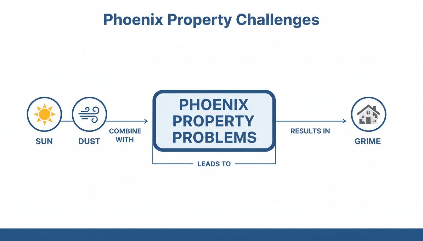 Flowchart illustrating how sun and dust combine to create Phoenix property problems, resulting in grime.