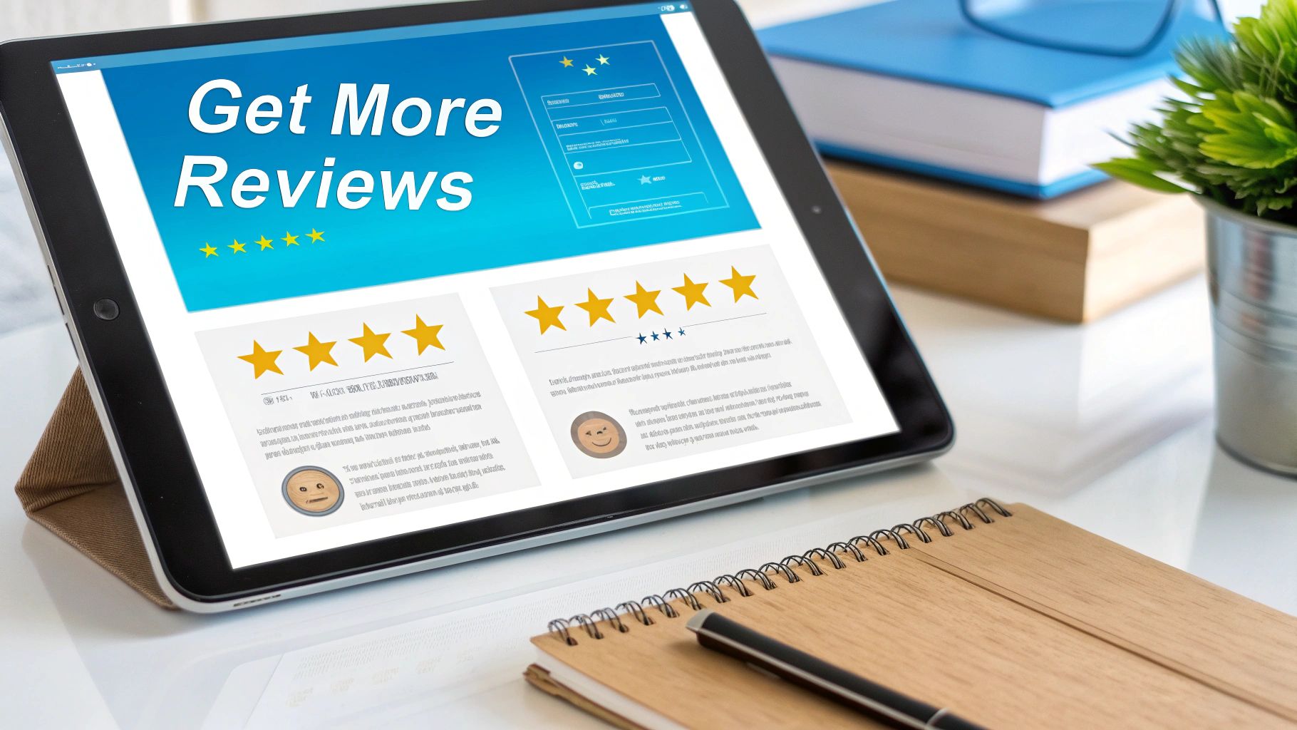 A tablet displays a website titled 'Get More Reviews' with star ratings and customer feedback.