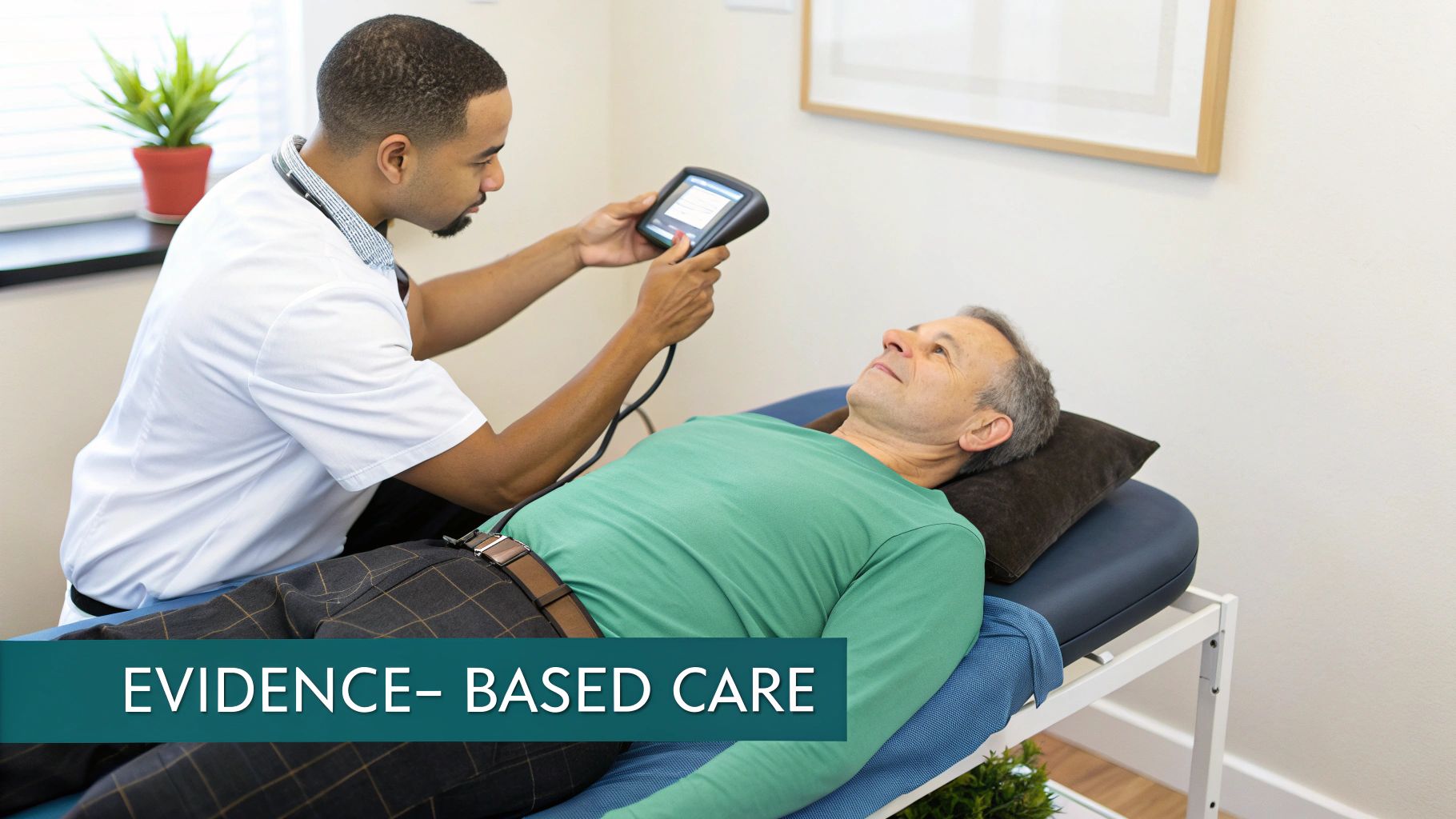 A healthcare professional uses a medical device on a male patient lying on an examination table.