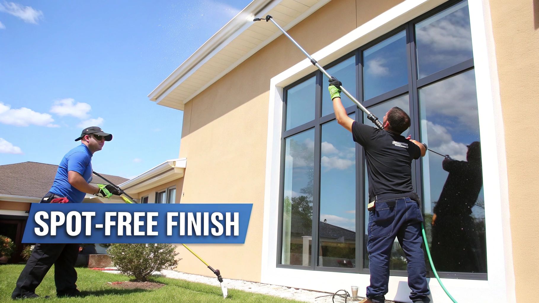 Professional window and gutter cleaning service on a modern house under a clear blue sky.