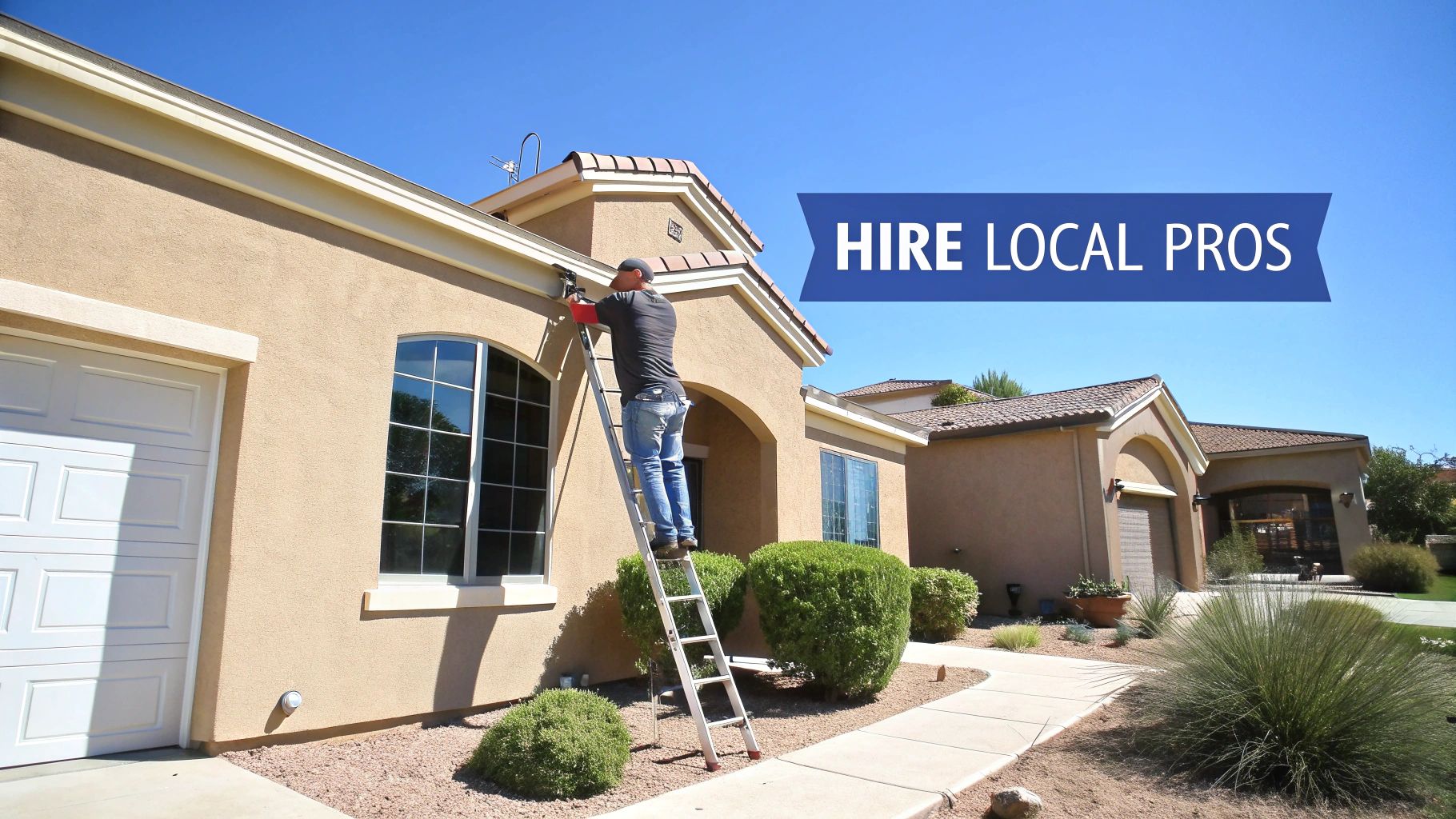 A man on a ladder cleaning or maintaining the upper part of a stucco house near a window.