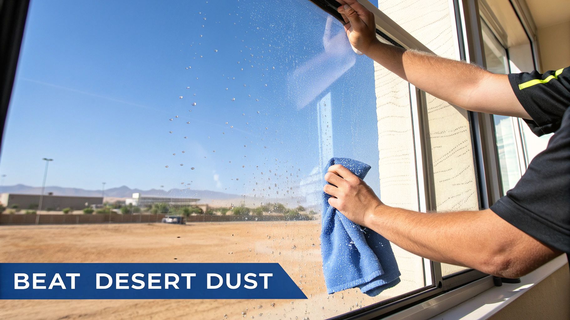 Person cleaning window with blue microfiber cloth and squeegee removing desert dust from glass