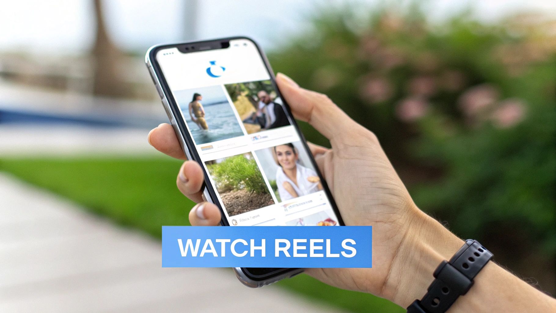 A hand holds a smartphone displaying an app with multiple images, overlaid with a "WATCH REELS" banner.