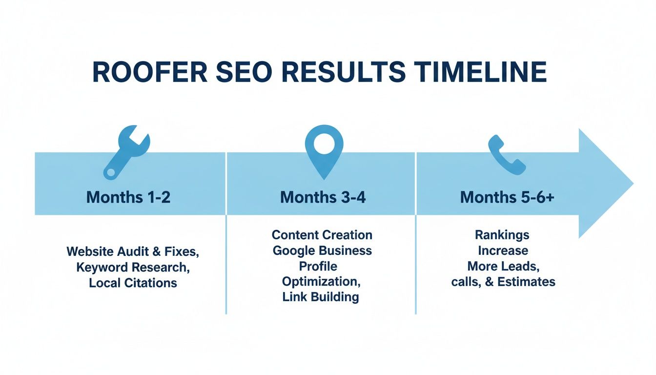 Timeline illustrating roofer SEO results, activities from website audit to increased leads over 6 months.