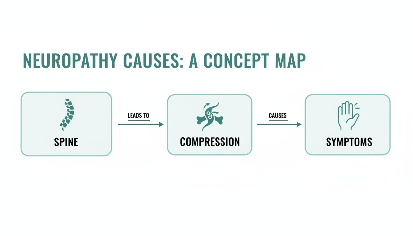 A concept map showing how the spine leads to compression, which causes neuropathy symptoms.
