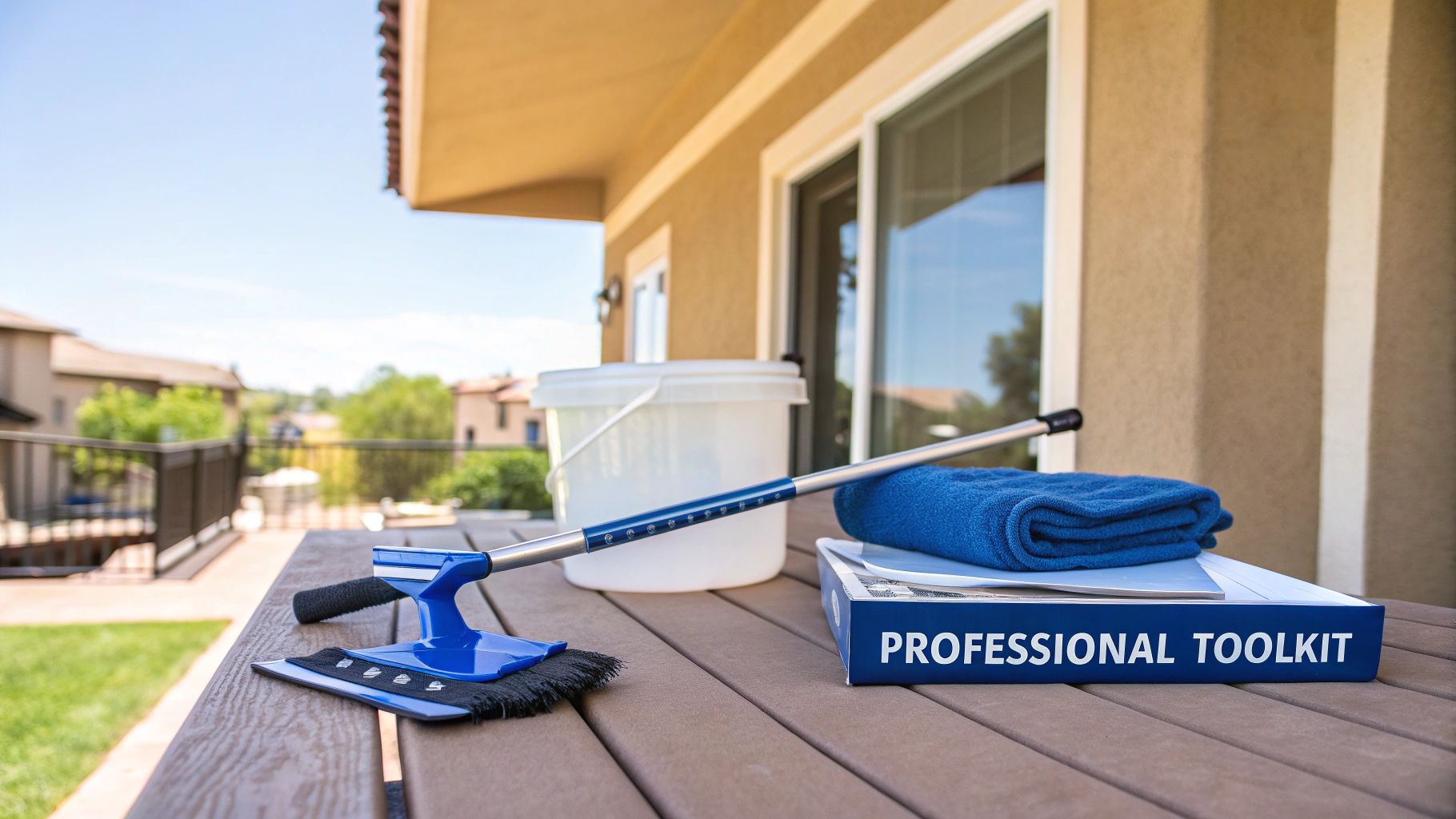 Professional window cleaning tools including a squeegee, bucket, and towel on an outdoor patio.