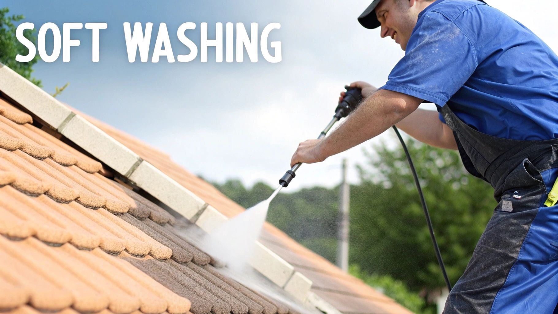 Professional worker soft washing clay tile roof with pressure washer wand safely