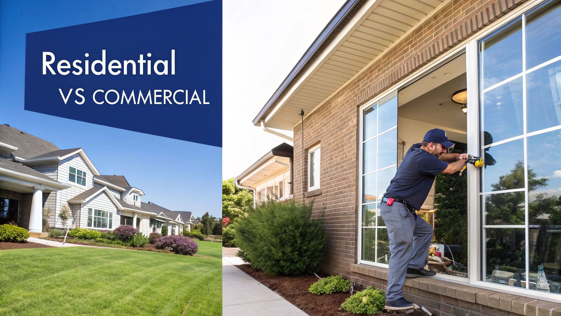 Residential homes are shown alongside a man installing a large window, contrasting residential vs commercial services.