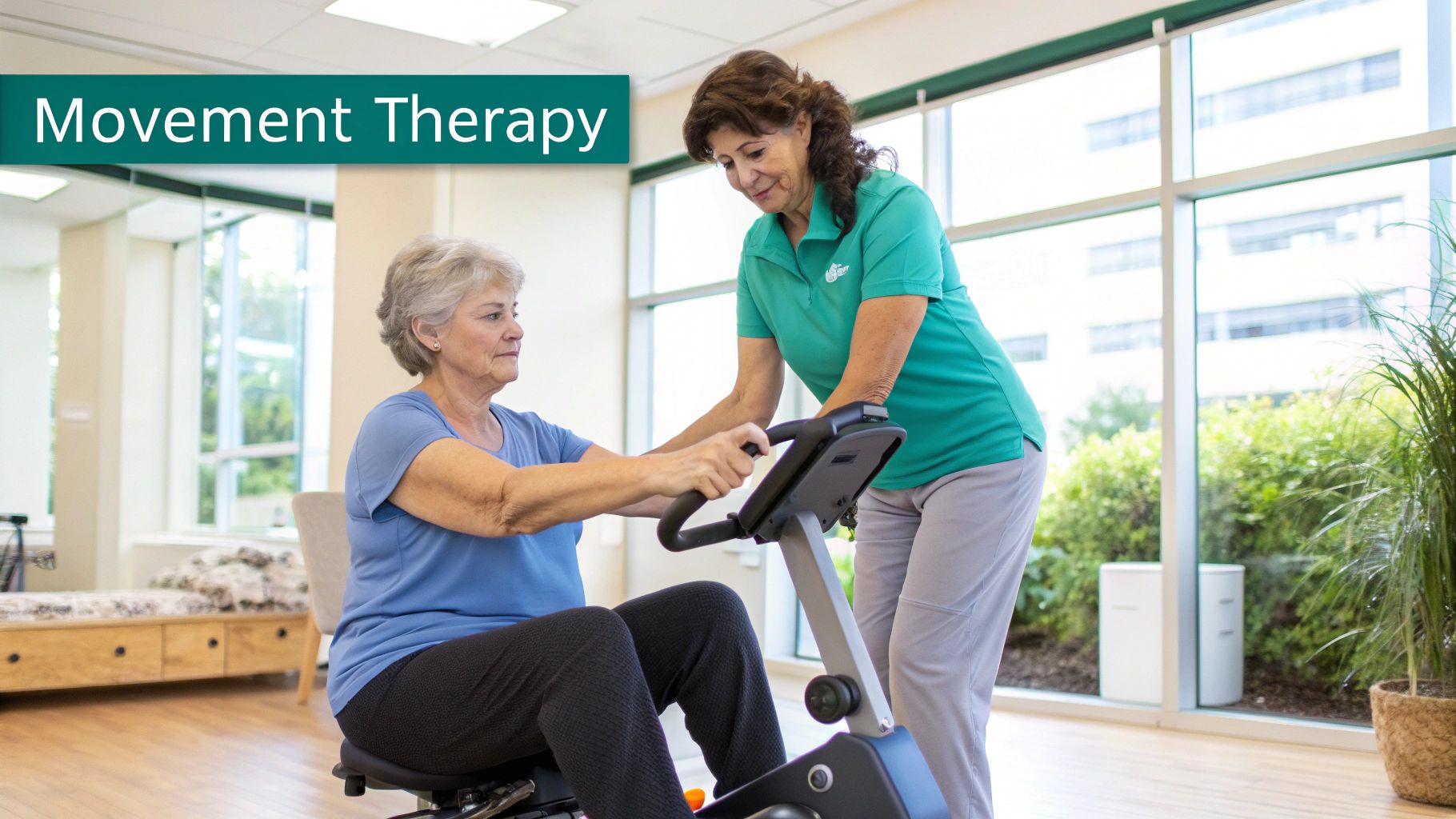 An older woman performs recumbent bike exercises with the help of a therapist during movement therapy.