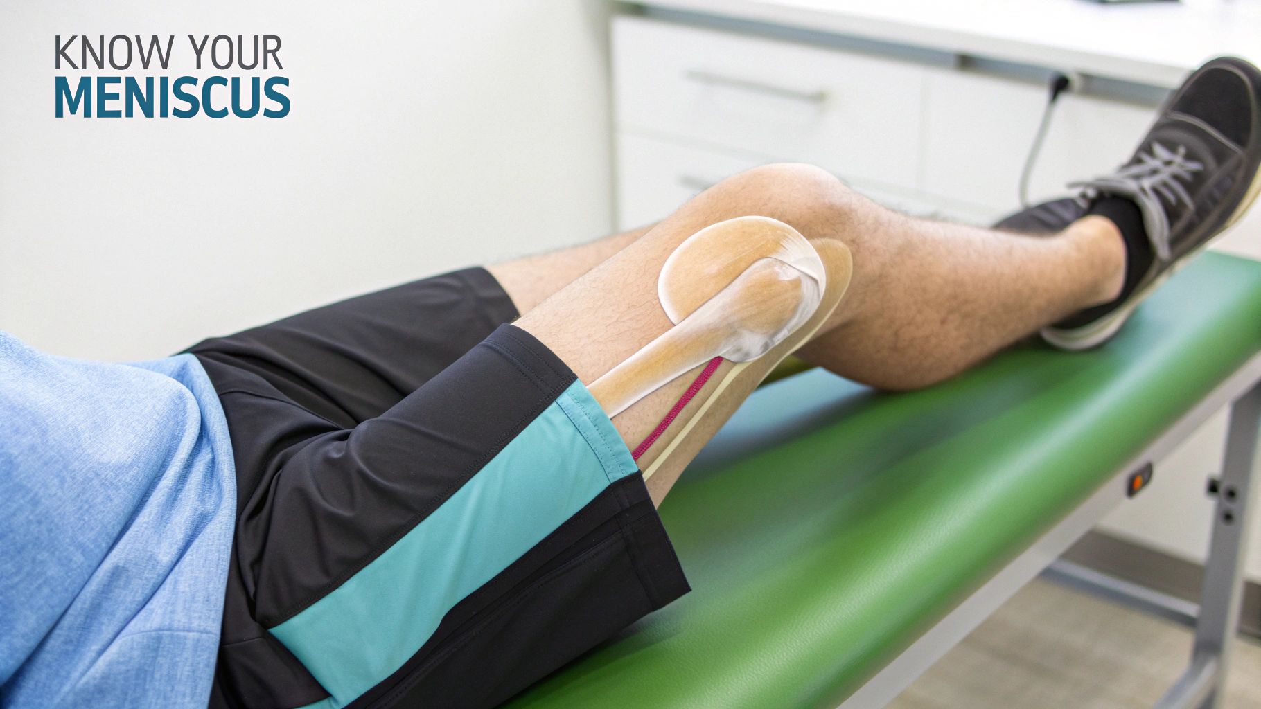 Person lying on exam table with translucent overlay illustrating knee anatomy including meniscus.