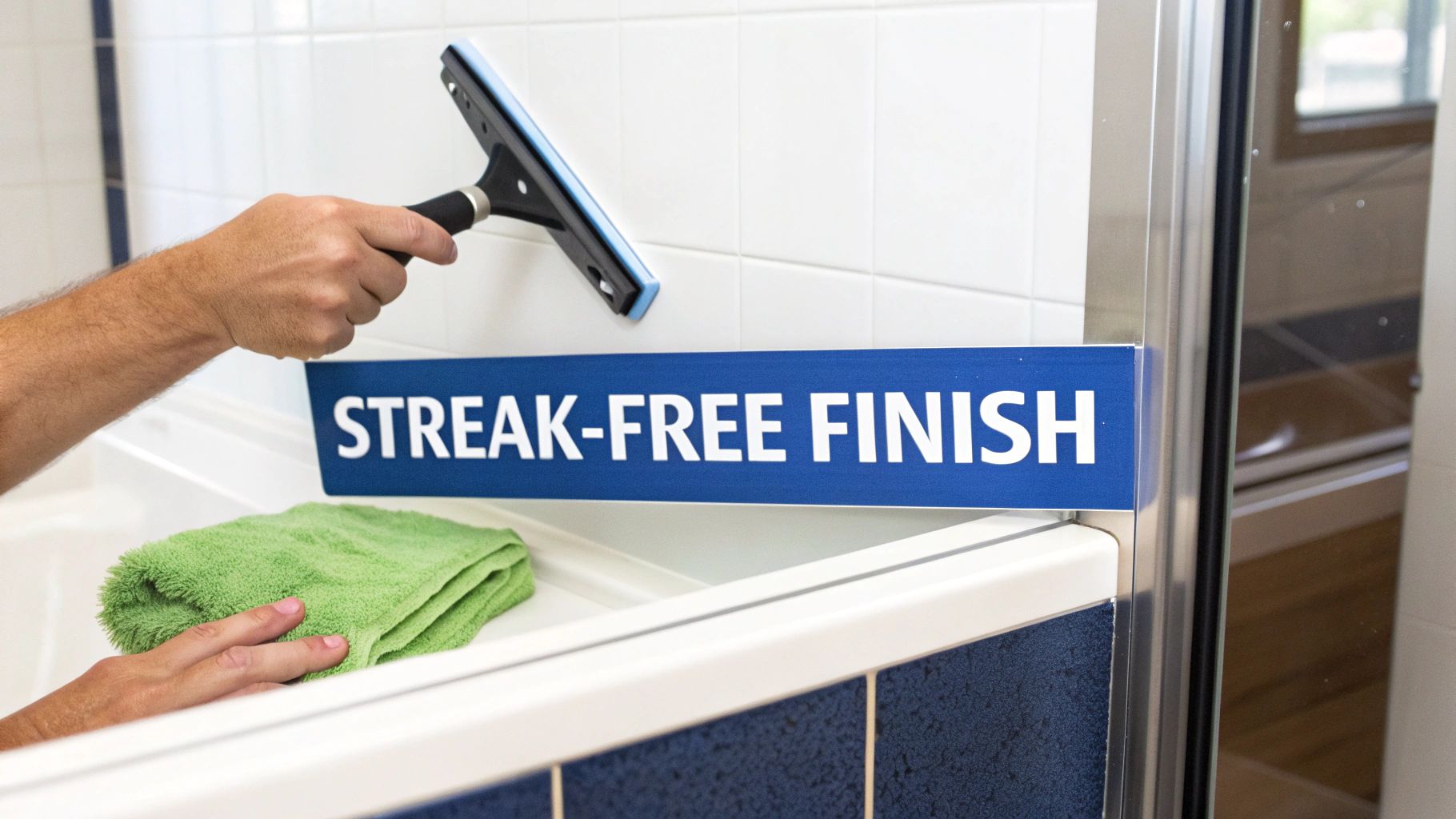 A person uses a squeegee to clean a tiled shower wall, aiming for a streak-free finish, with a green towel visible.
