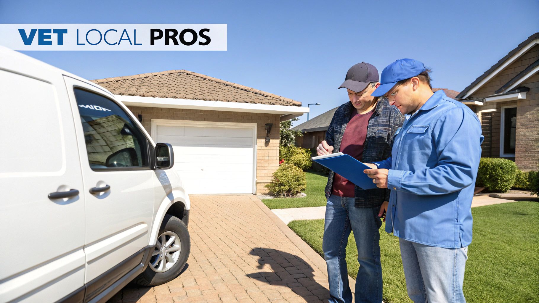A service technician and a homeowner discuss paperwork on a clipboard next to a white van.