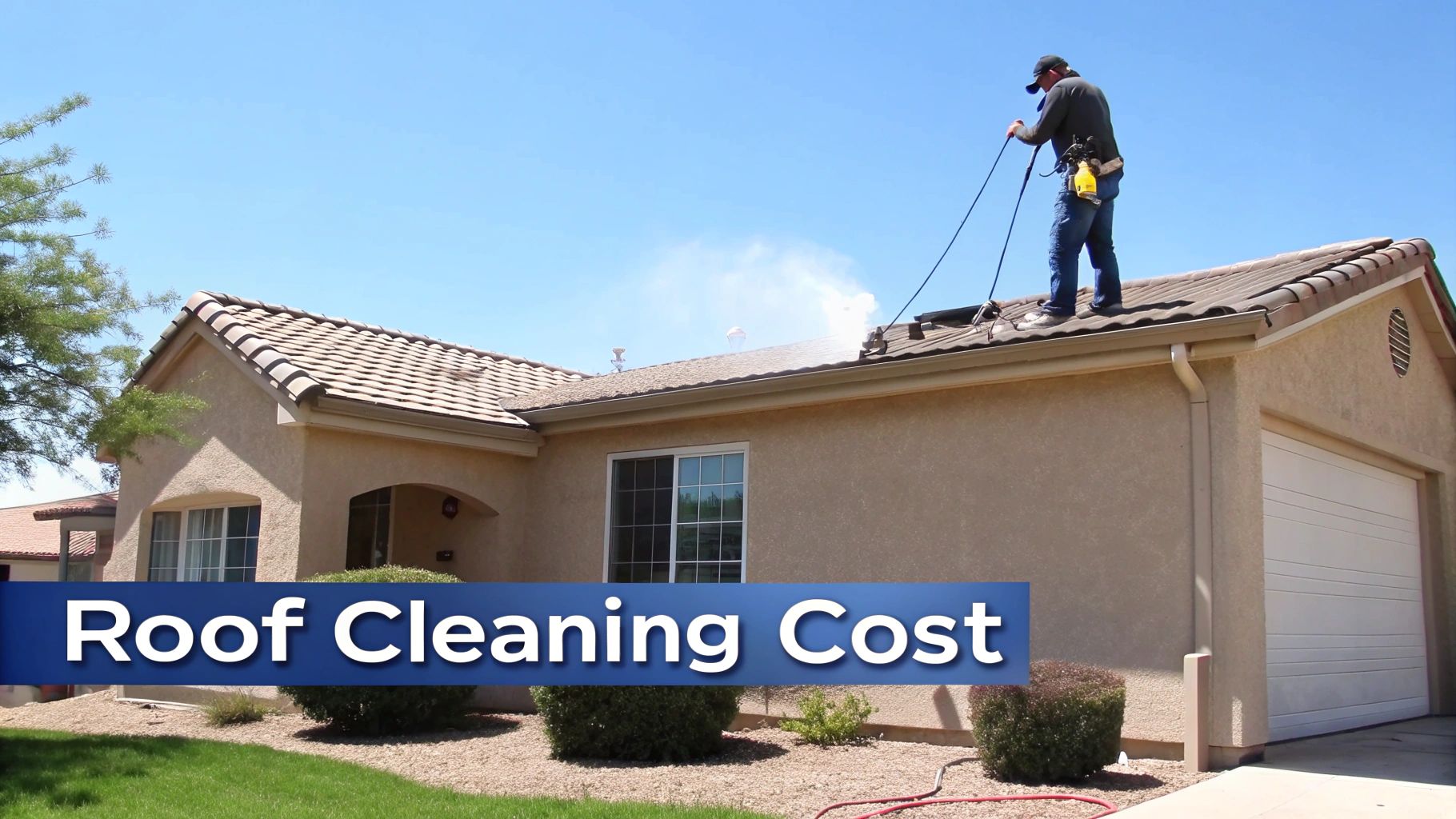 Professional roof cleaner using pressure washing equipment on residential tile roof under blue sky