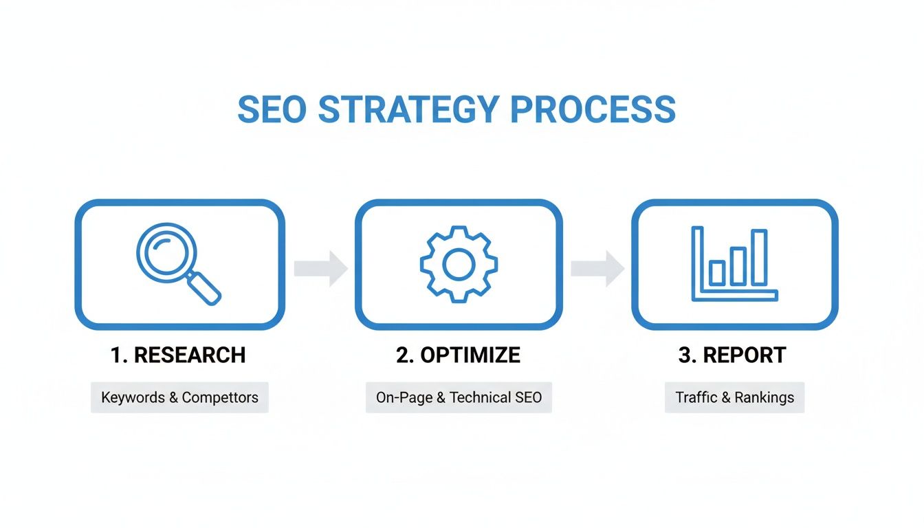 A diagram illustrating the SEO strategy process with three key steps: Research, Optimize, and Report.