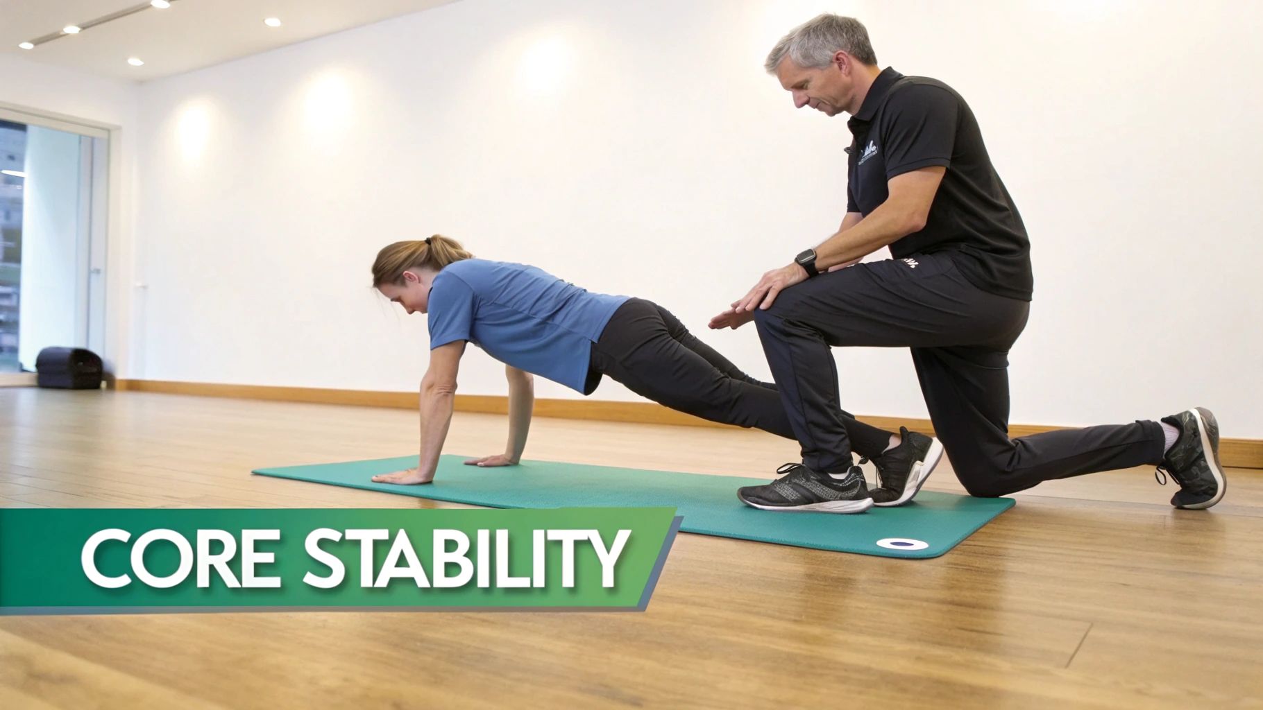 A woman performs a plank core exercise on a mat, guided by a male physical therapist.