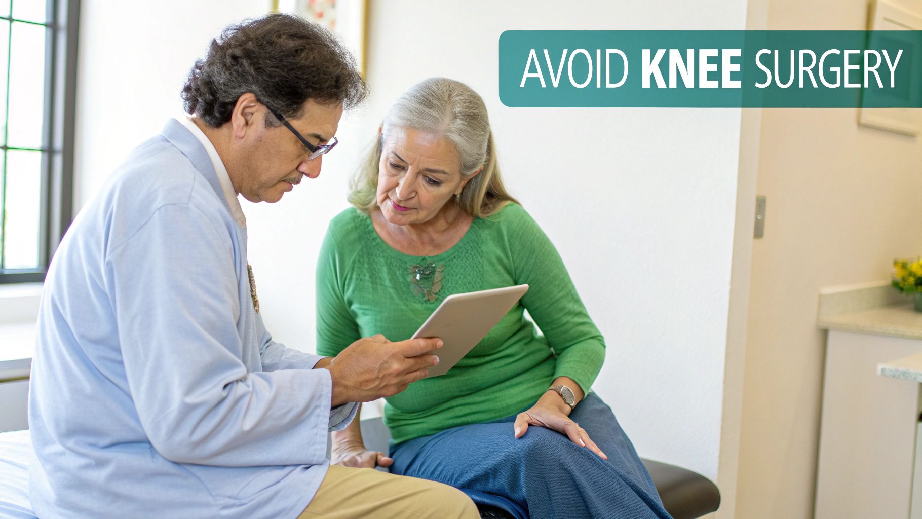 A doctor shows an older female patient information on a tablet in a clinic setting, with text 'AVOID KNEE SURGERY'.