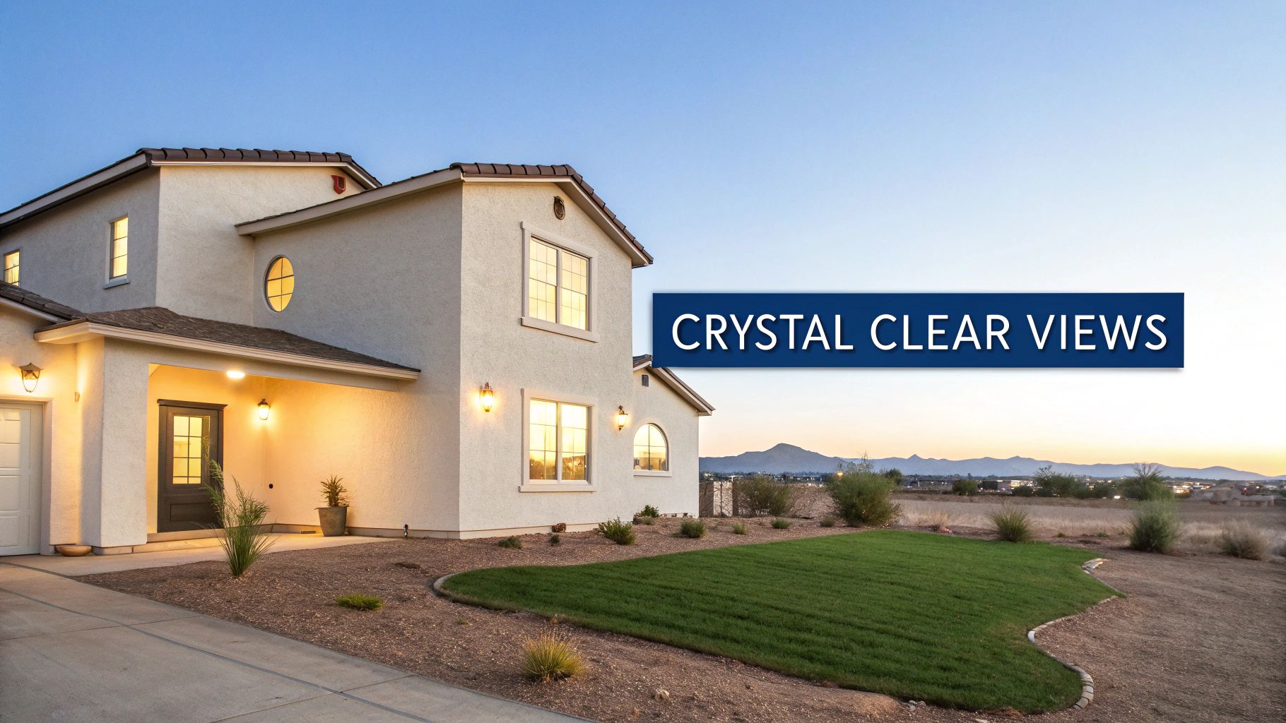 A professional window cleaner using a squeegee on a large second-story window, showcasing a crystal clear finish.