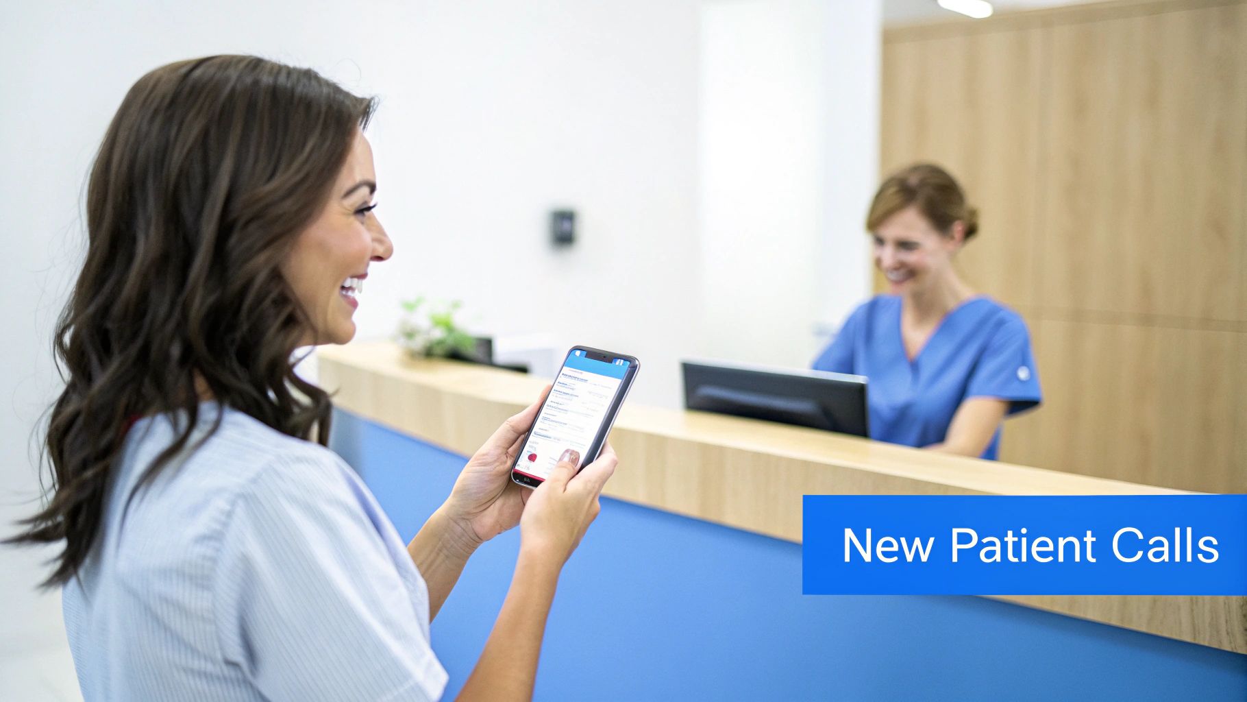 A smiling dental staff member checks patient calls on a smartphone, with another staff member working at a reception desk.