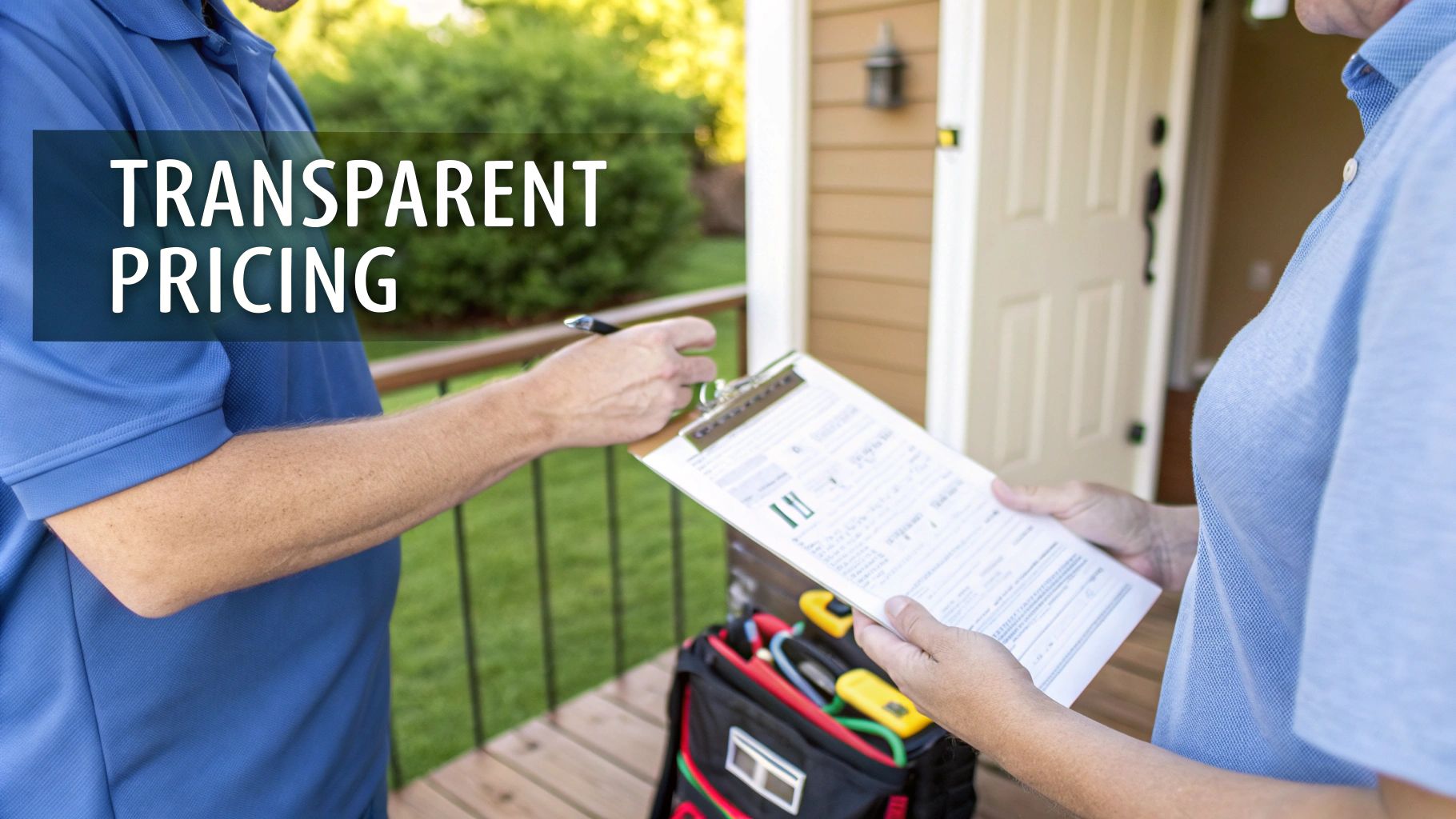 A service technician and customer reviewing a document on a clipboard, symbolizing transparent pricing.