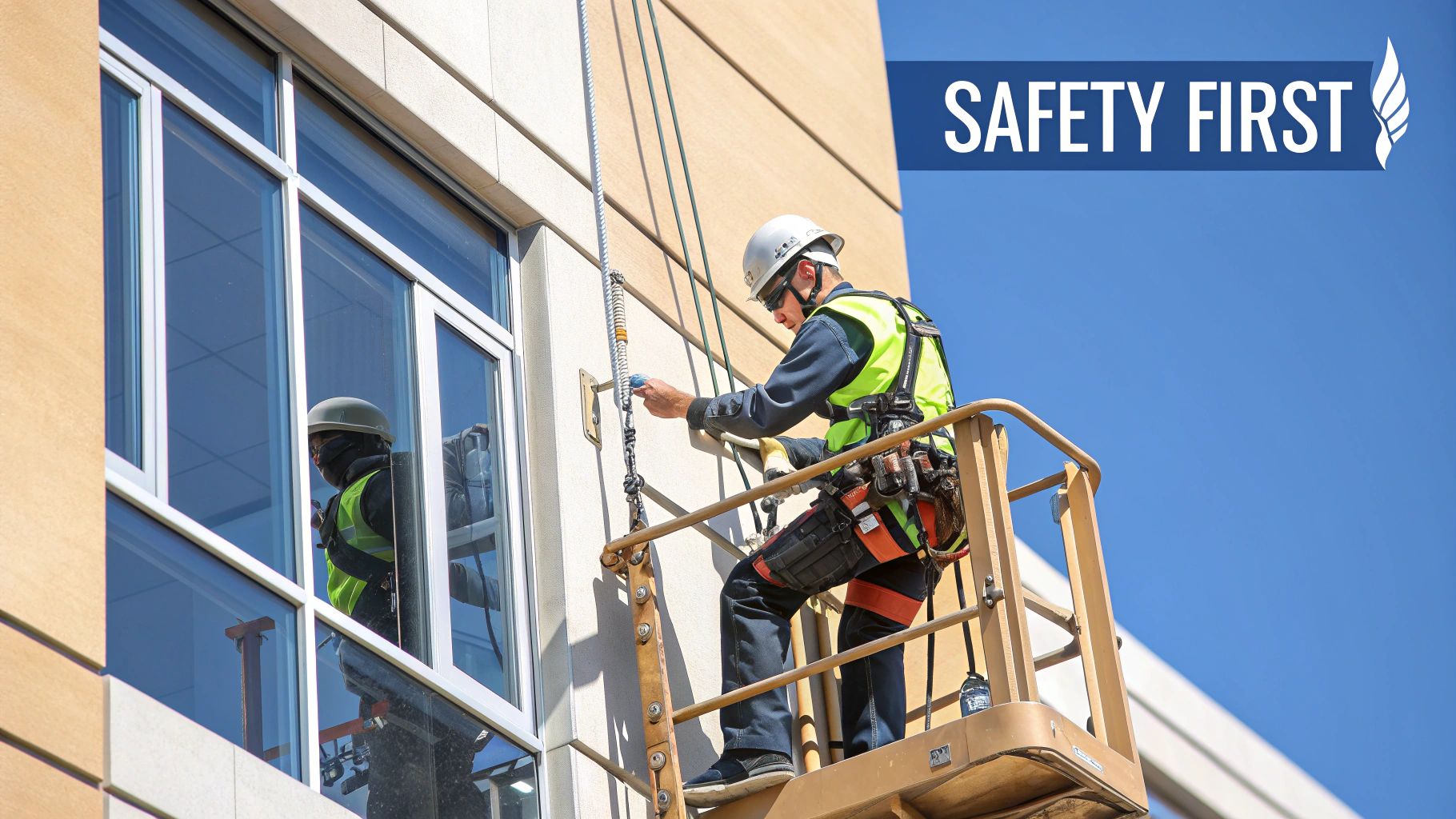 A safety-conscious window cleaner in a hard hat and harness on an aerial lift, securing ropes to a modern building.