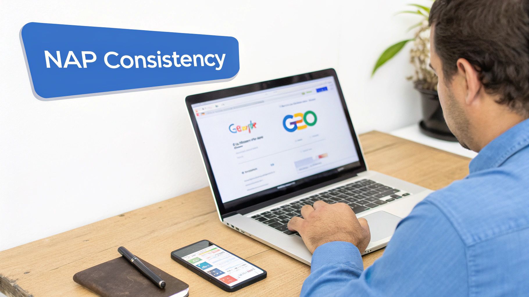 Man working on a laptop, optimizing NAP consistency for local SEO with Google visible on screen.