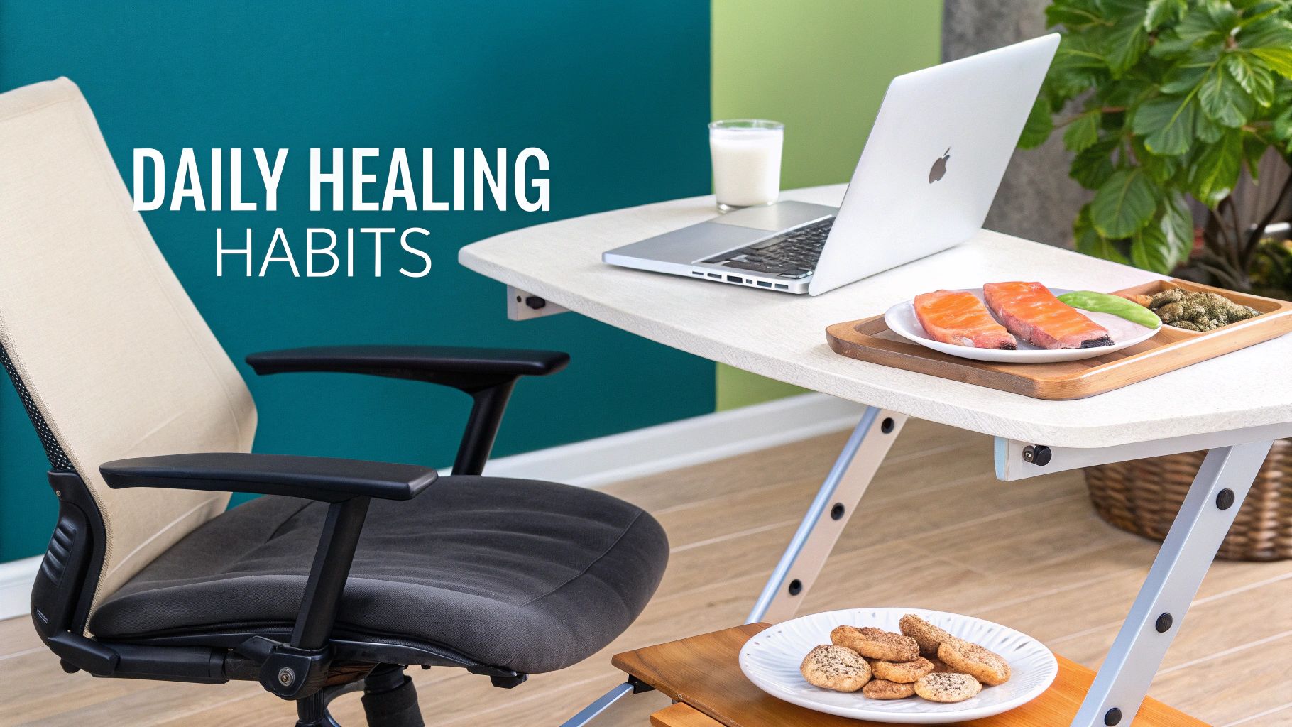 A healthy workspace with a laptop, salmon, green beans, milk, and cookies, promoting daily healing habits.
