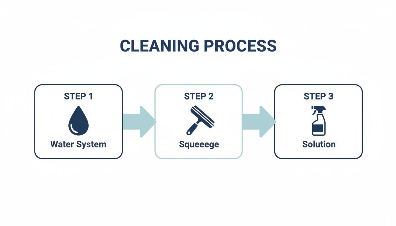 An infographic titled 'CLEANING PROCESS' showing three steps: Water System, Squeegee, and Solution.