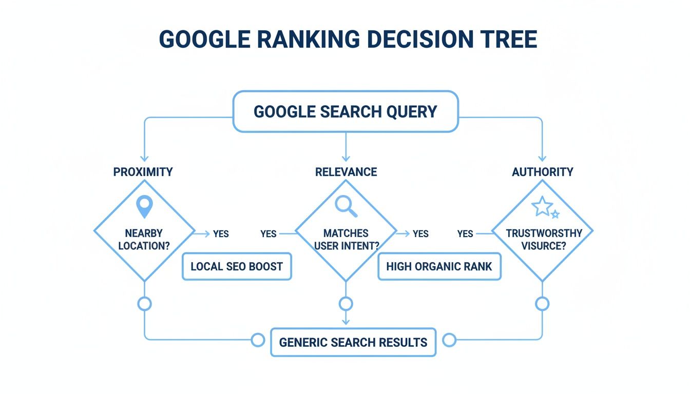 A flowchart outlining Google's search ranking decision tree based on proximity, relevance, and authority factors.