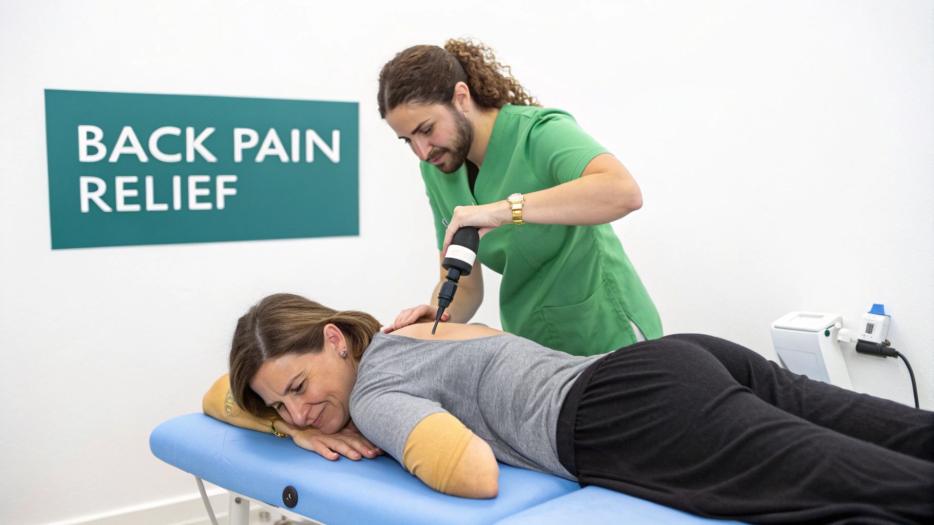 A therapist uses a cold laser device on a patient's back for pain relief in a clinic.
