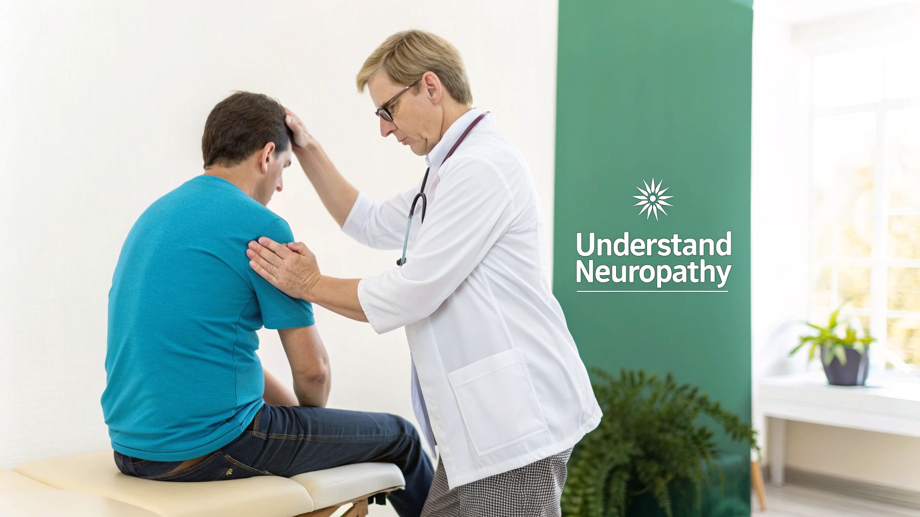 Doctor in a white coat comforting a male patient on an examination table, discussing neuropathy.