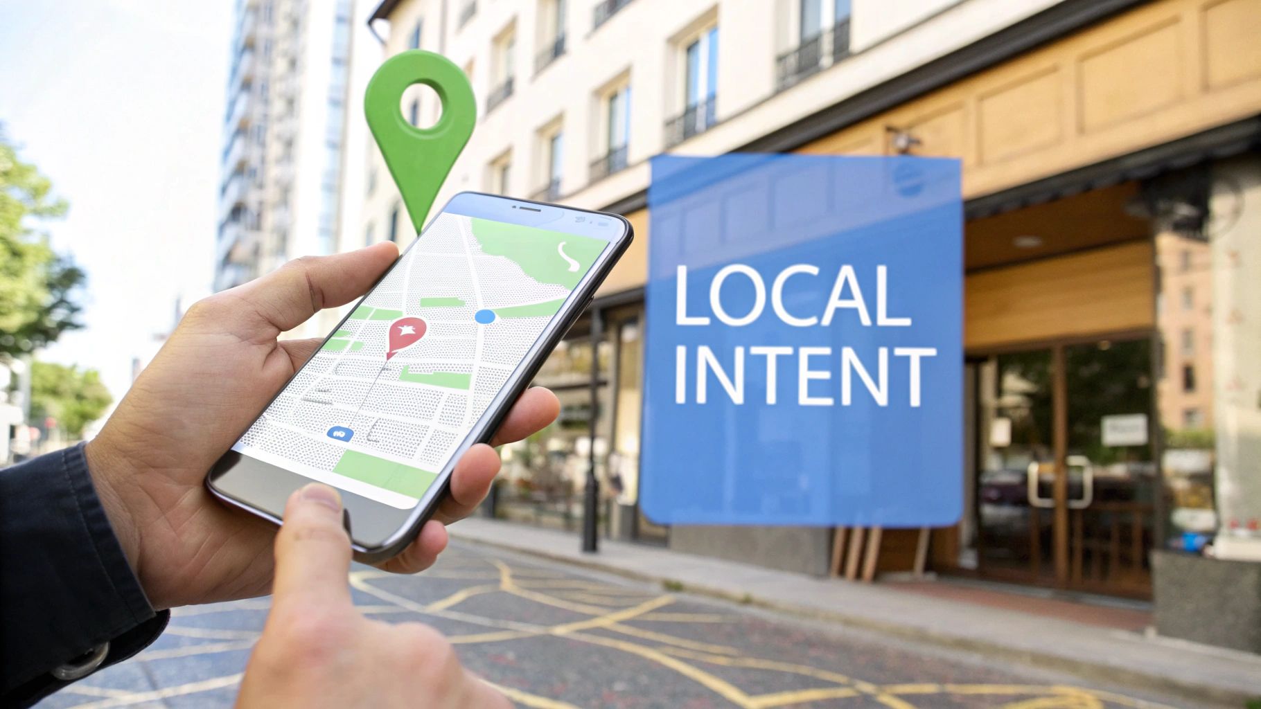 Hand holding a smartphone displaying a map with a location pin near a 'LOCAL INTENT' sign.