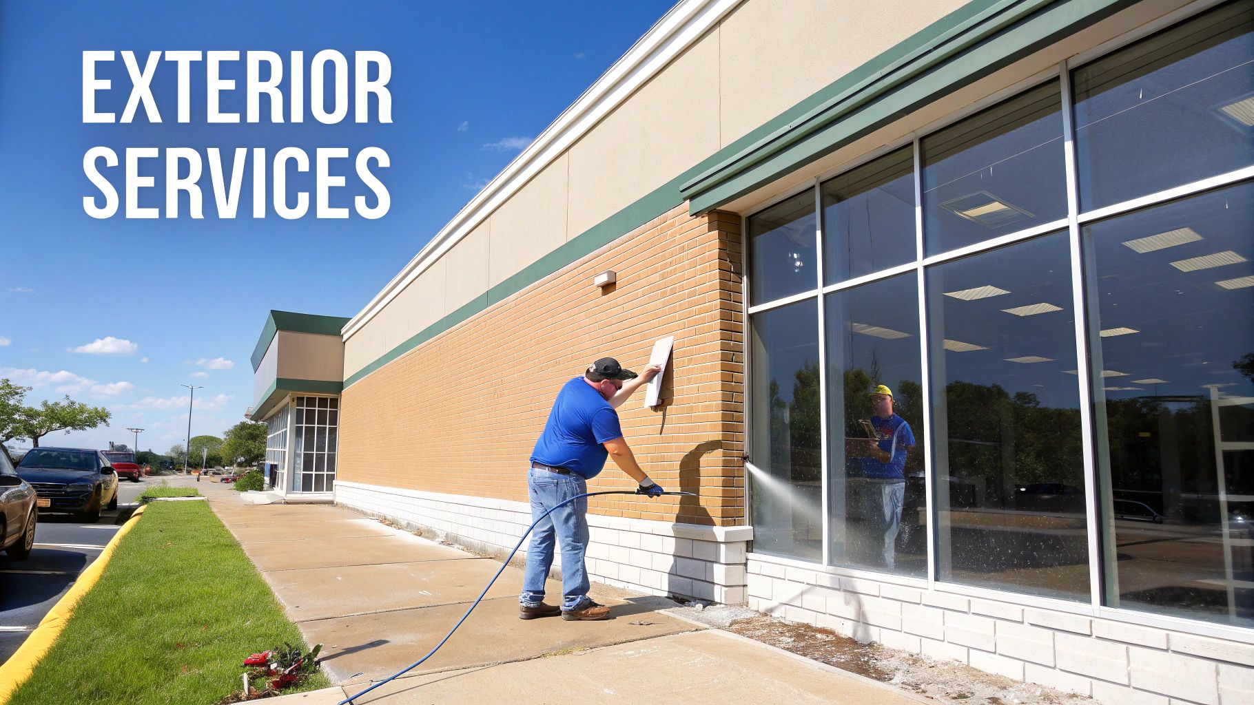 A man power washes the exterior brick wall and large windows of a commercial building on a sunny day.
