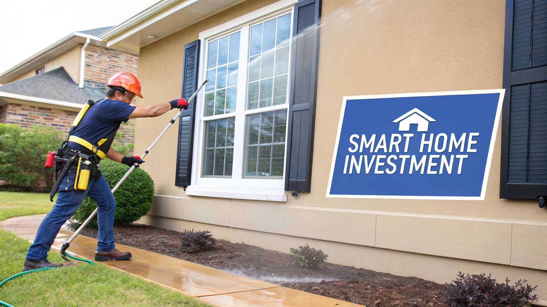 A man in safety gear power washes a residential window and concrete path next to a house.