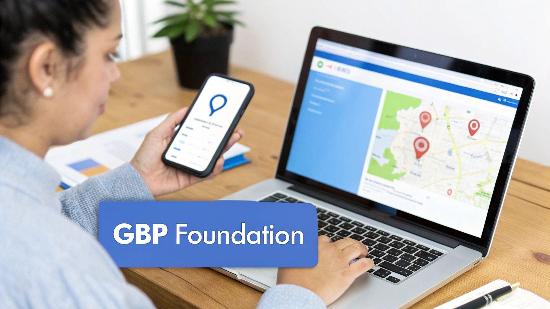 A person uses a smartphone and laptop to view and manage locations on a digital map, with "GBP Foundation" text overlay.