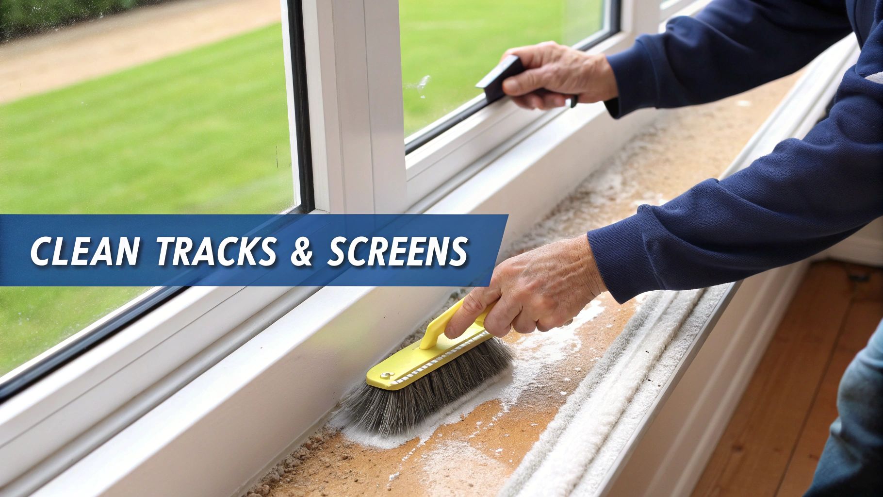 A person uses a yellow brush to clean dirty window tracks, while also cleaning the window glass.