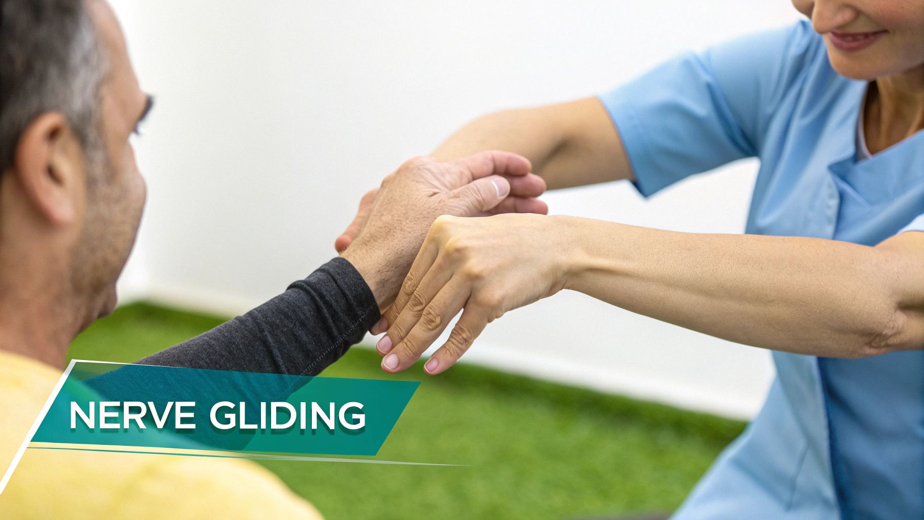 A physical therapist performs nerve gliding therapy on a male patient's wrist and arm.