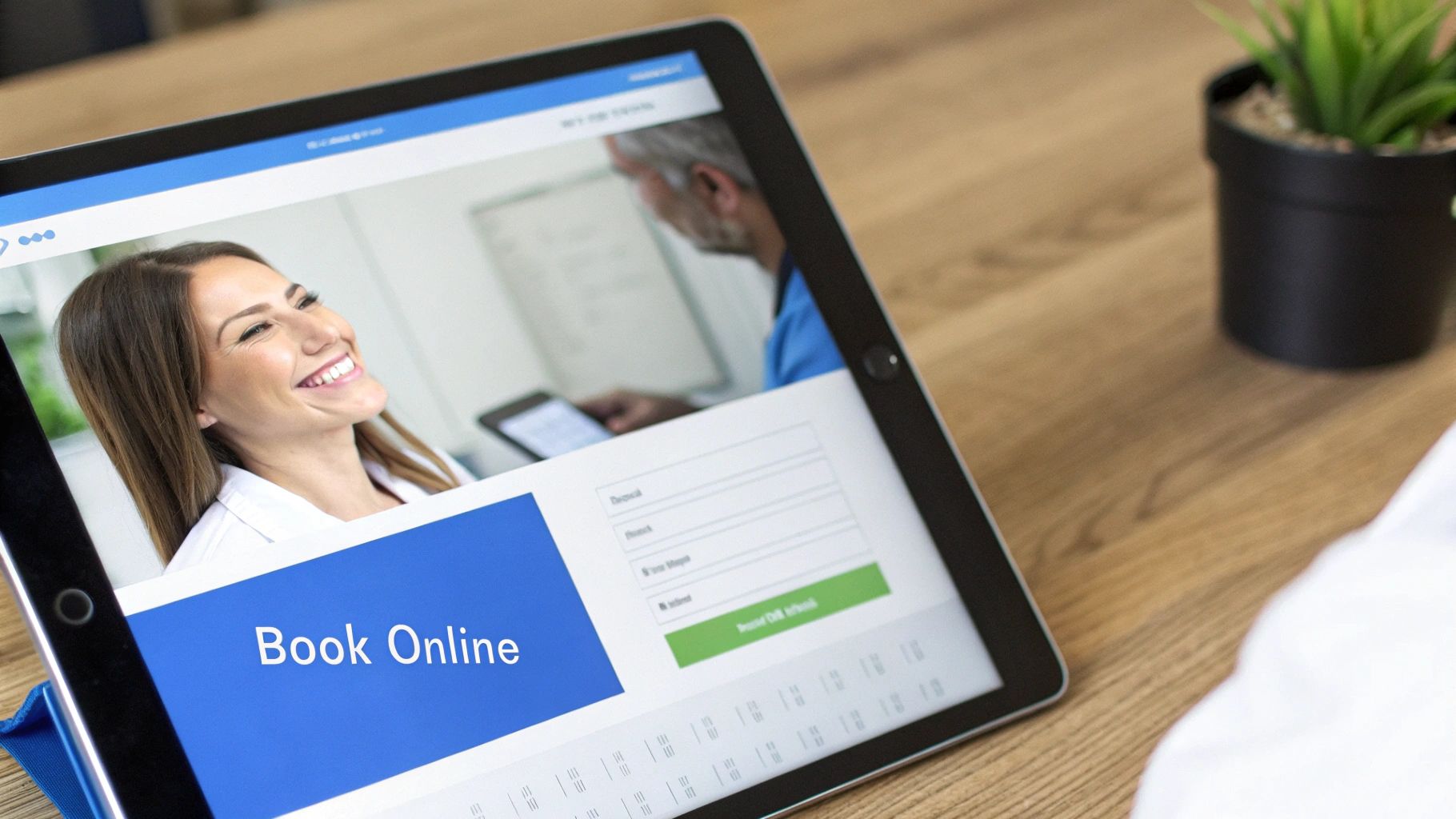 A tablet displays an online booking website for a dental clinic featuring a smiling female dentist.