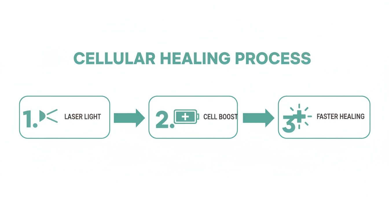 Diagram illustrating the three-step cellular healing process: laser light, cell boost, and faster healing.