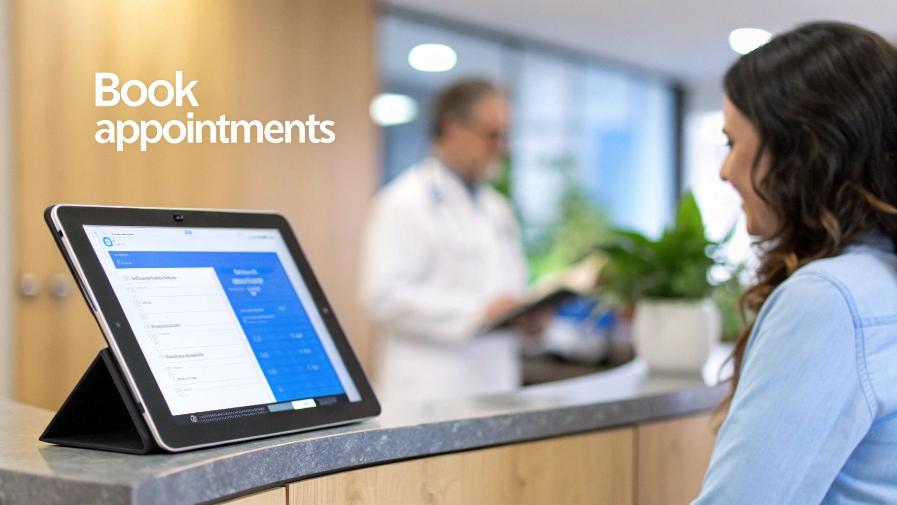 A woman uses a tablet to book appointments at a modern medical clinic, with a doctor blurred in the background.