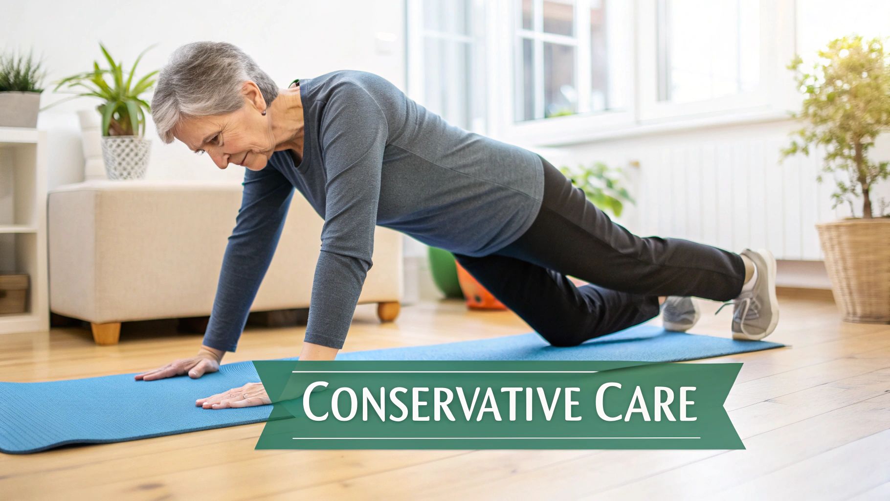 An older woman performs a modified plank exercise on a blue mat at home, representing conservative care.