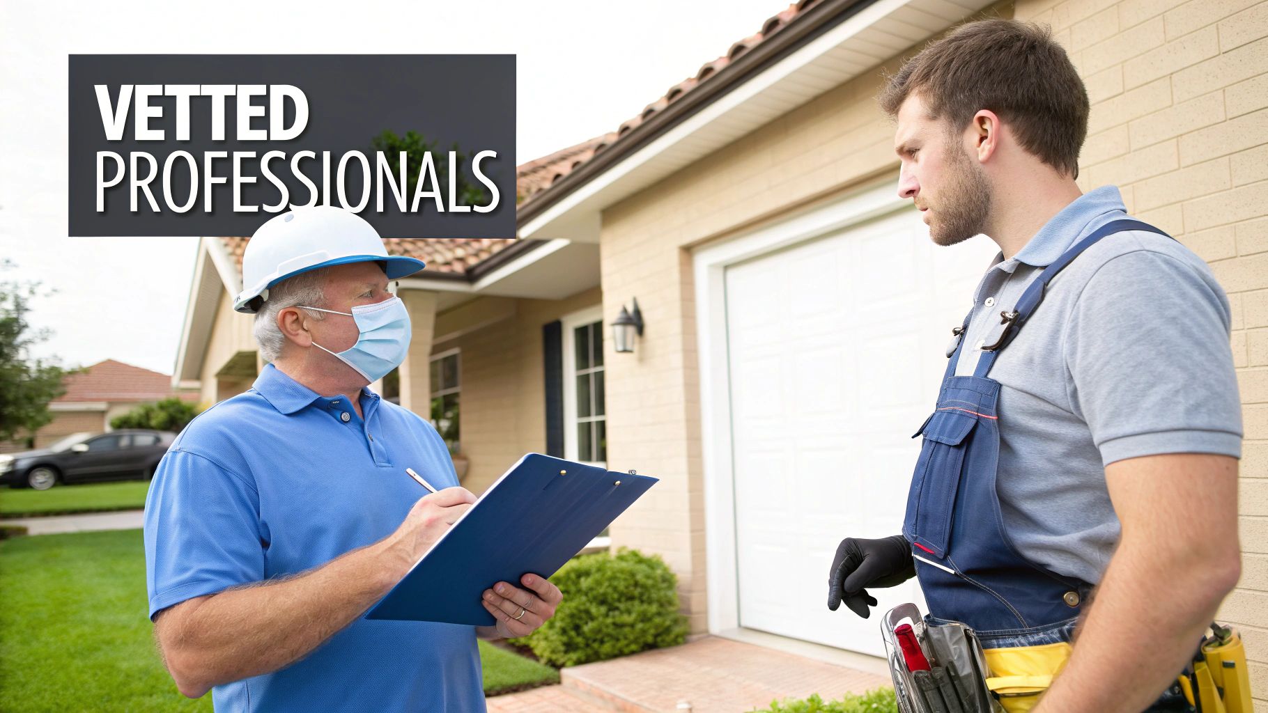 Two vetted home service professionals, one masked, discussing details with a clipboard outside a house.