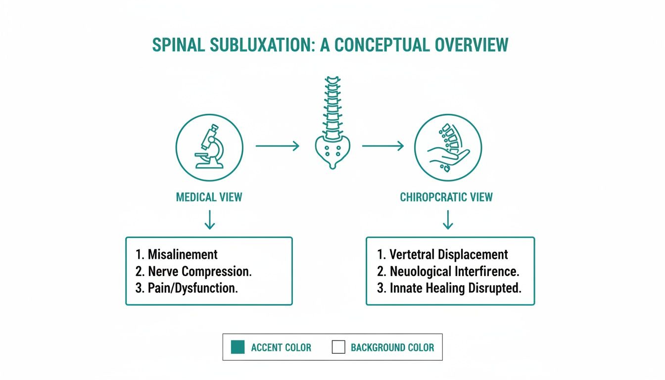 Diagram comparing medical and chiropractic views on spinal subluxation, detailing symptoms and effects.