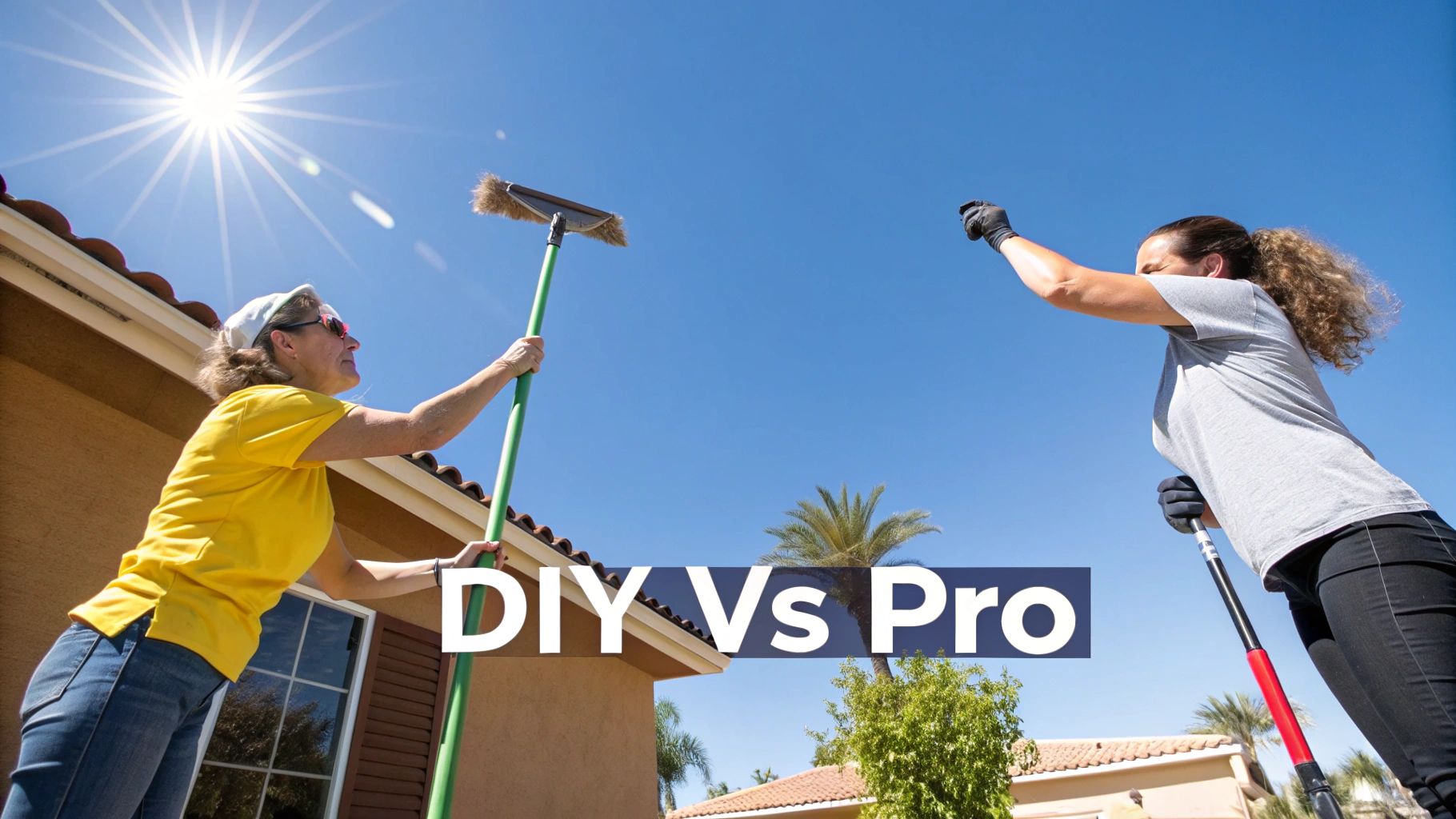 Two women, one doing DIY and the other a professional, cleaning a house exterior on a sunny day.