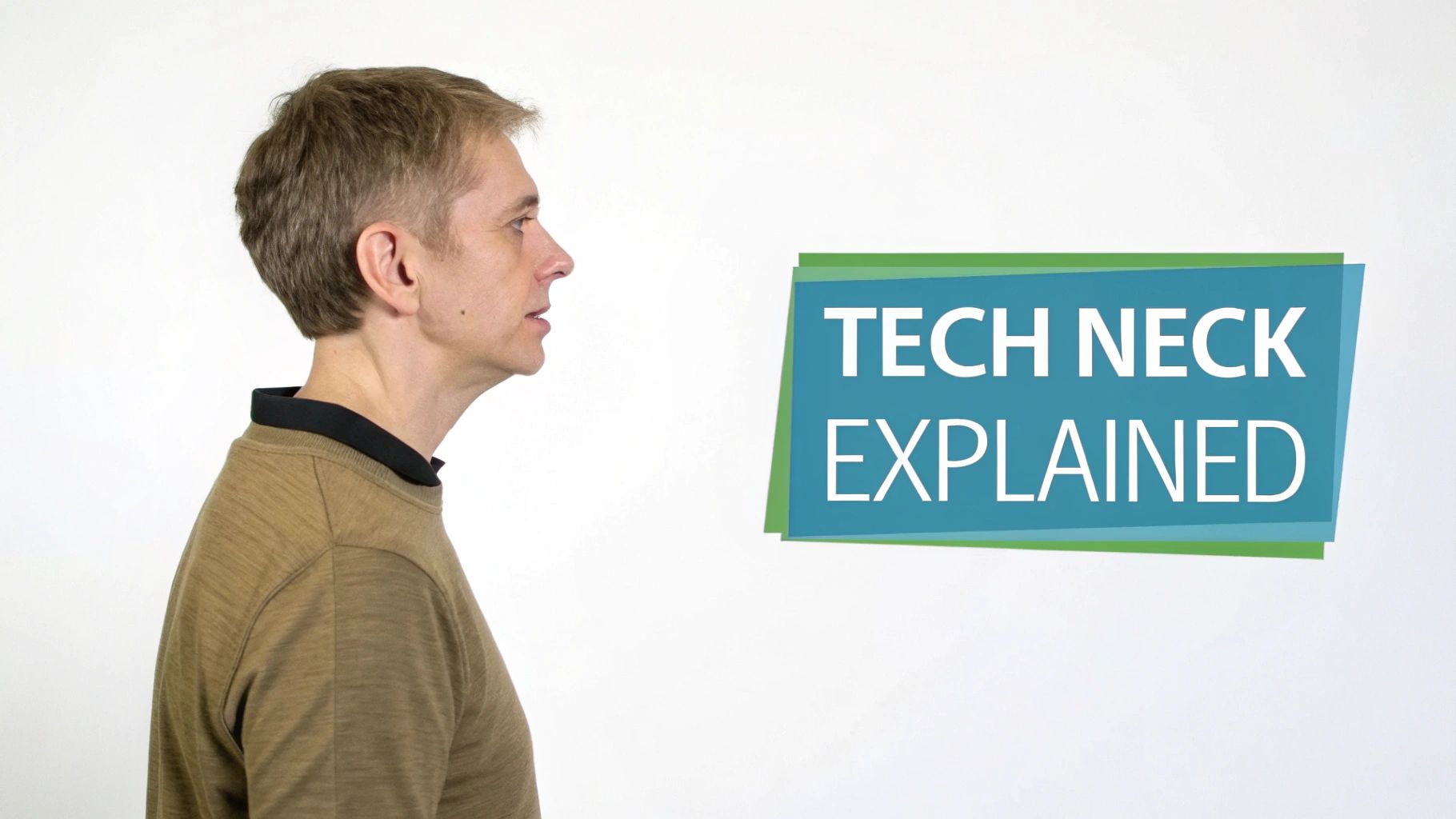 A man in profile demonstrating forward head posture next to a graphic titled 'TECH NECK EXPLAINED'.